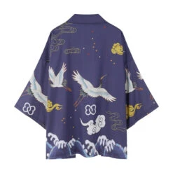 Apparel Japanese-themed Crane Cloudy Waves Unisex Purple/White Kimono