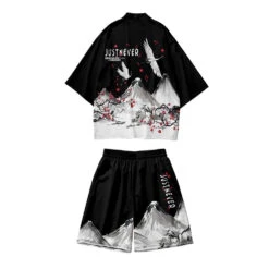 Apparel Japanese-themed Crane Mountains Two-Piece Kimono Top & Shorts Sets