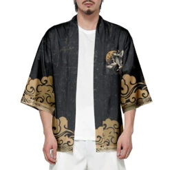 Apparel Japanese-themed Crane Print Black Gold Unisex Kimono -Kawaii Store kawaiies plushies plush softtoy japanese themed crane print black gold unisex kimono apparel 171629