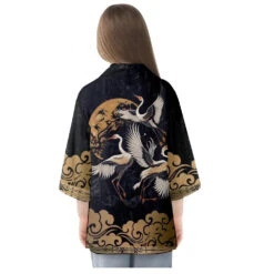 Apparel Japanese-themed Crane Print Black Gold Unisex Kimono -Kawaii Store kawaiies plushies plush softtoy japanese themed crane print black gold unisex kimono apparel 811119