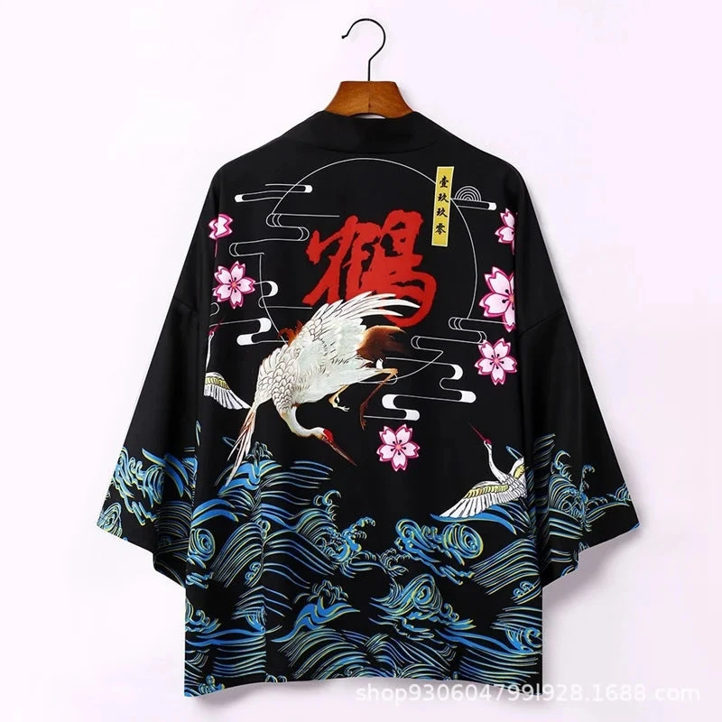 Apparel Japanese-themed Crane Waves Unisex Kimono 3 Apparel Japanese-themed Crane Waves Unisex Kimono