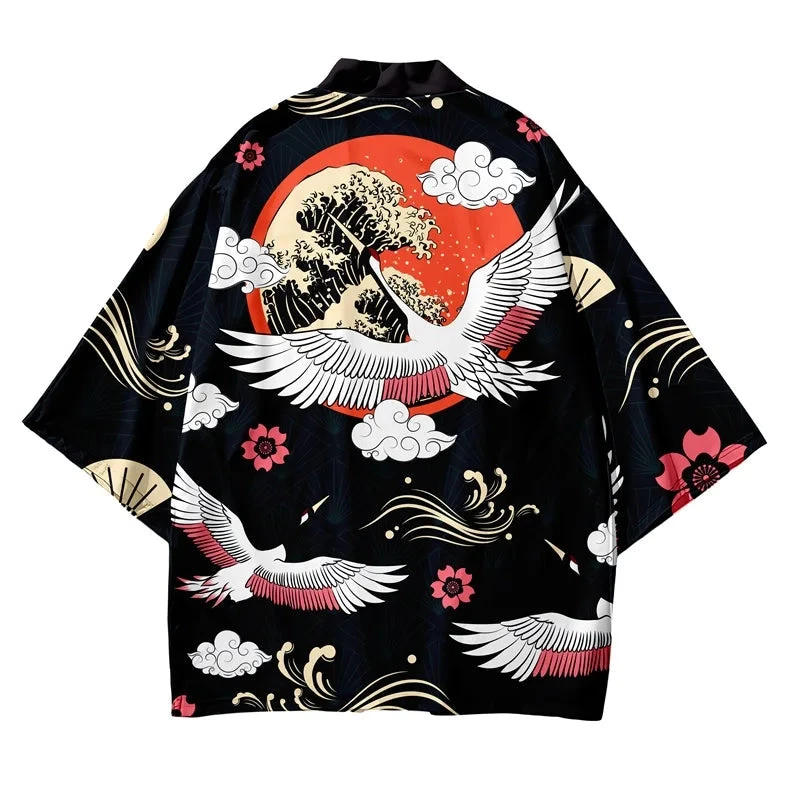 Apparel Japanese-themed Cranes Mt Fuji Navy Sun Black Unisex Kimonos 4 Apparel Japanese-themed Cranes Mt Fuji Navy Sun Black Unisex Kimonos - Image 2