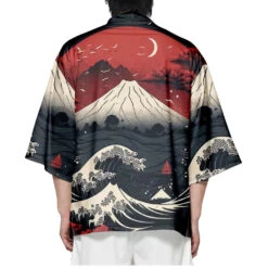 Apparel Japanese-themed Great Wave Off Kanagawa Red Purple Unisex Kimono