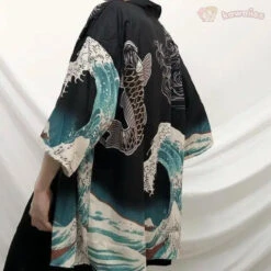 Apparel Japanese-Themed Kanagawa Wave Black Unisex Kimono -Kawaii Store kawaiies plushies plush softtoy japanese themed kanagawa wave black unisex kimono kimono 188483