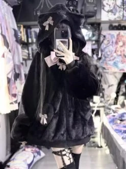 Apparel Japanese-themed Kawaii Cat Ears Bow Fluffy Jacket Coat -Kawaii Store kawaiies plushies plush softtoy japanese themed kawaii cat ears bow fluffy jacket coat apparel 791692