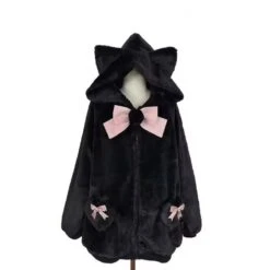 Apparel Japanese-themed Kawaii Cat Ears Bow Fluffy Jacket Coat -Kawaii Store kawaiies plushies plush softtoy japanese themed kawaii cat ears bow fluffy jacket coat apparel black m 10 120785