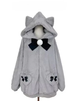 Apparel Japanese-themed Kawaii Cat Ears Bow Fluffy Jacket Coat -Kawaii Store kawaiies plushies plush softtoy japanese themed kawaii cat ears bow fluffy jacket coat apparel grey m 10 589074