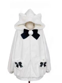 Apparel Japanese-themed Kawaii Cat Ears Bow Fluffy Jacket Coat -Kawaii Store kawaiies plushies plush softtoy japanese themed kawaii cat ears bow fluffy jacket coat apparel white black bow m 10 292059