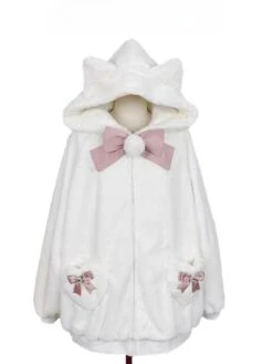 Apparel Japanese-themed Kawaii Cat Ears Bow Fluffy Jacket Coat -Kawaii Store kawaiies plushies plush softtoy japanese themed kawaii cat ears bow fluffy jacket coat apparel white pink bow m 10 312362