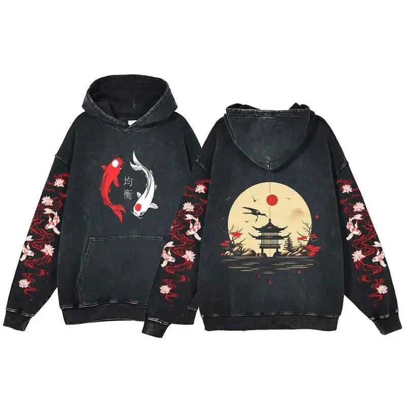 Apparel Japanese-themed Koi Pagoda Sunrise Vintage Unisex Hoodie 3 Apparel Japanese-themed Koi Pagoda Sunrise Vintage Unisex Hoodie