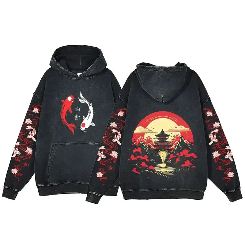 Apparel Japanese-themed Koi Pagoda Sunrise Vintage Unisex Hoodie 4 Apparel Japanese-themed Koi Pagoda Sunrise Vintage Unisex Hoodie - Image 2