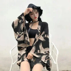 Apparel Japanese-themed Majestic Cranes Black Women's Kimono -Kawaii Store kawaiies plushies plush softtoy japanese themed majestic cranes black womens kimono kimono 195511