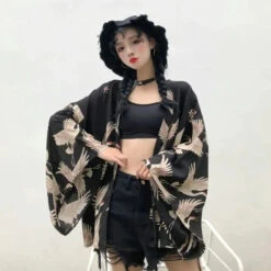 Apparel Japanese-themed Majestic Cranes Black Women's Kimono -Kawaii Store kawaiies plushies plush softtoy japanese themed majestic cranes black womens kimono kimono 555840