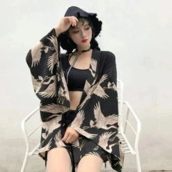 Apparel Japanese-themed Majestic Cranes Black Women's Kimono -Kawaii Store kawaiies plushies plush softtoy japanese themed majestic cranes black womens kimono kimono 948702