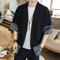 Apparel Japanese-themed Navy Pattern Black White Men's Haori Yukata Kimono Jacket -Kawaii Store kawaiies plushies plush softtoy japanese themed navy pattern black white mens haori yukata kimono jacket apparel 154627