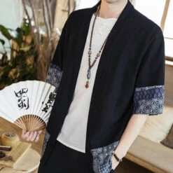 Apparel Japanese-themed Navy Pattern Black White Men's Haori Yukata Kimono Jacket -Kawaii Store kawaiies plushies plush softtoy japanese themed navy pattern black white mens haori yukata kimono jacket apparel 420517