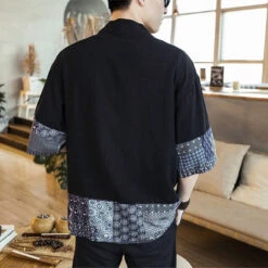 Apparel Japanese-themed Navy Pattern Black White Men's Haori Yukata Kimono Jacket -Kawaii Store kawaiies plushies plush softtoy japanese themed navy pattern black white mens haori yukata kimono jacket apparel 728257