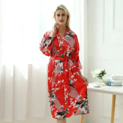 Apparel Japanese-themed Peacock Floral Women's Yukata Kimono Robe Cardigan With Belt