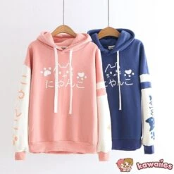 Apparel Japanese-themed Pink Blue Two-Tone Cat Hoodie -Kawaii Store kawaiies plushies plush softtoy japanese themed pink blue two tone cat hoodie hoodies 611334