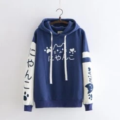 Apparel Japanese-themed Pink Blue Two-Tone Cat Hoodie -Kawaii Store kawaiies plushies plush softtoy japanese themed pink blue two tone cat hoodie hoodies blue 922262