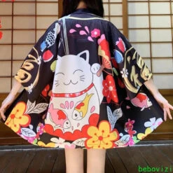 Apparel Japanese-themed Red Black Lucky Cat Kimono -Kawaii Store kawaiies plushies plush softtoy japanese themed red black lucky cat kimono kimono black 152993