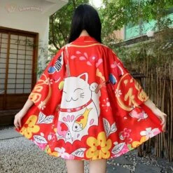 Apparel Japanese-themed Red Black Lucky Cat Kimono -Kawaii Store kawaiies plushies plush softtoy japanese themed red black lucky cat kimono kimono red 721855