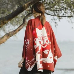 Apparel Japanese-themed Red Navy Samurai Cat Mask Unisex Kimono -Kawaii Store kawaiies plushies plush softtoy japanese themed red navy samurai cat mask unisex kimono kimono 176595