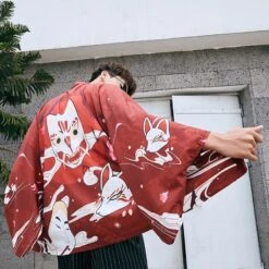 Apparel Japanese-themed Red Navy Samurai Cat Mask Unisex Kimono -Kawaii Store kawaiies plushies plush softtoy japanese themed red navy samurai cat mask unisex kimono kimono 268650