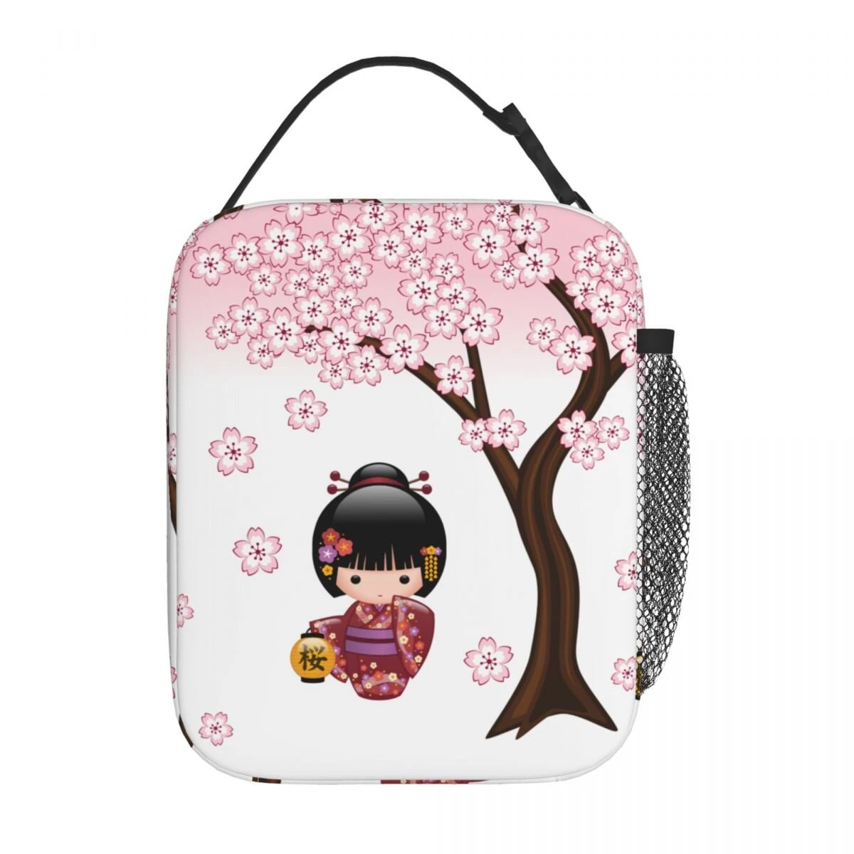 Japanese-themed Sakura Blossom Tree Keiko Kokeshi Doll Square Lunch Bag 4 Japanese-themed Sakura Blossom Tree Keiko Kokeshi Doll Square Lunch Bag - Image 2