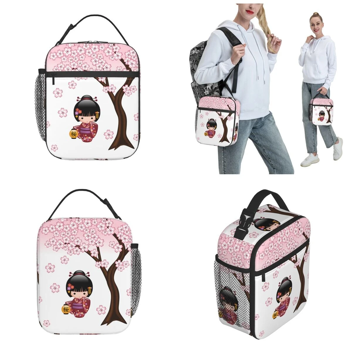 Japanese-themed Sakura Blossom Tree Keiko Kokeshi Doll Square Lunch Bag 5 Japanese-themed Sakura Blossom Tree Keiko Kokeshi Doll Square Lunch Bag - Image 3