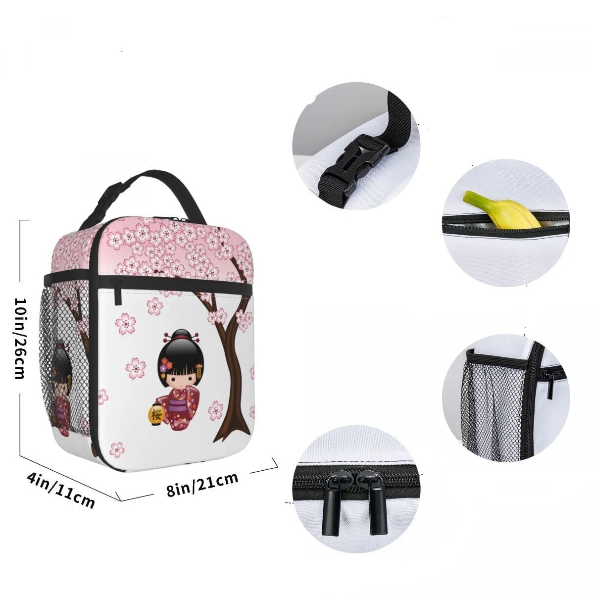 Japanese-themed Sakura Blossom Tree Keiko Kokeshi Doll Square Lunch Bag 7 Japanese-themed Sakura Blossom Tree Keiko Kokeshi Doll Square Lunch Bag - Image 5