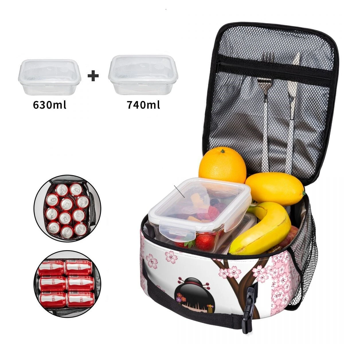 Japanese-themed Sakura Blossom Tree Keiko Kokeshi Doll Square Lunch Bag 8 Japanese-themed Sakura Blossom Tree Keiko Kokeshi Doll Square Lunch Bag - Image 6