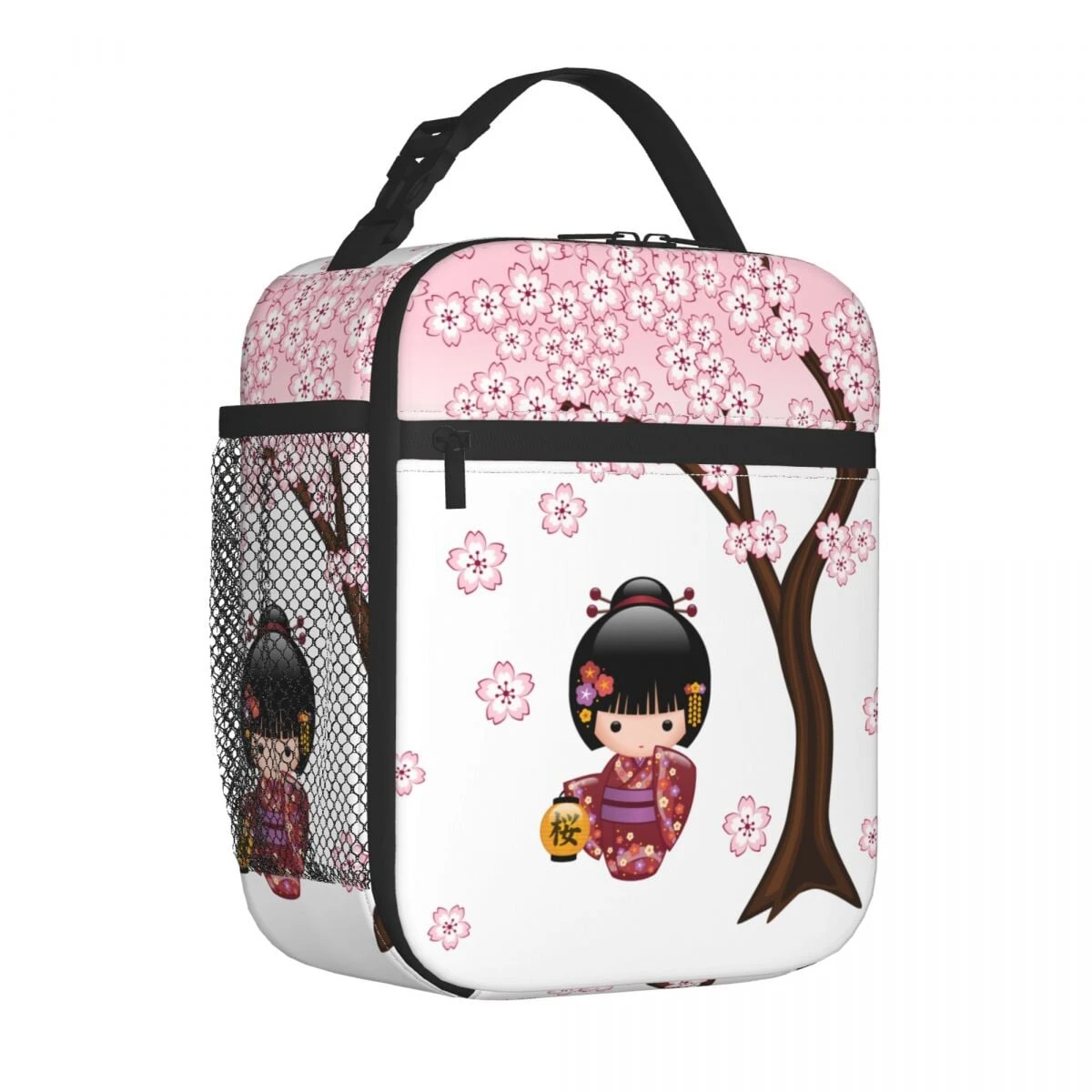Japanese-themed Sakura Blossom Tree Keiko Kokeshi Doll Square Lunch Bag 3 Japanese-themed Sakura Blossom Tree Keiko Kokeshi Doll Square Lunch Bag