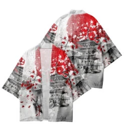 Apparel Japanese-themed Samurai Pagoda Red Sun Unisex Kimono -Kawaii Store kawaiies plushies plush softtoy japanese themed samurai pagoda red sun unisex kimono kimono s 238876