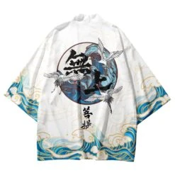 Apparel Japanese-themed Three Crane Waves White Unisex Kimono