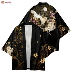 Apparel Japanese-themed White Crane Black Gold Unisex Kimono -Kawaii Store kawaiies plushies plush softtoy japanese themed white crane black gold unisex kimono kimono 169831