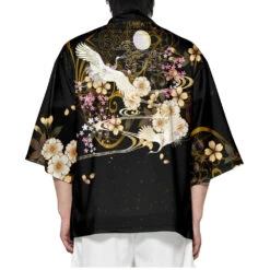 Apparel Japanese-themed White Crane Black Gold Unisex Kimono