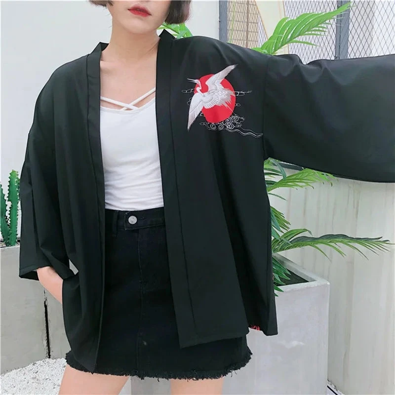 Apparel Japanese-themed White Cranes Red Black Women's Kimono 6 Apparel Japanese-themed White Cranes Red Black Women's Kimono - Image 4