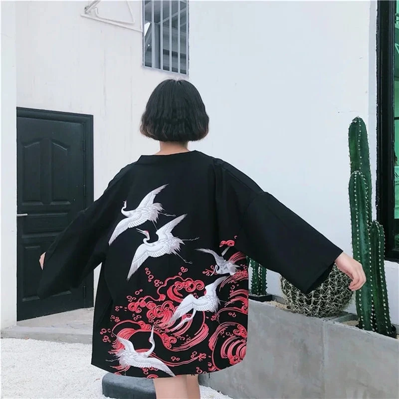 Apparel Japanese-themed White Cranes Red Black Women's Kimono 4 Apparel Japanese-themed White Cranes Red Black Women's Kimono - Image 2