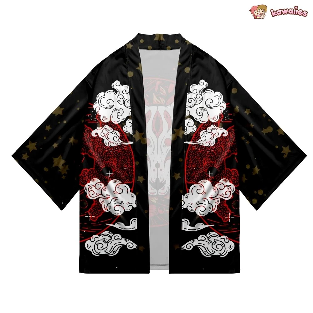 Apparel Japanese-themed White Fox Mask Print Unisex Kimono 11 Apparel Japanese-themed White Fox Mask Print Unisex Kimono - Image 9