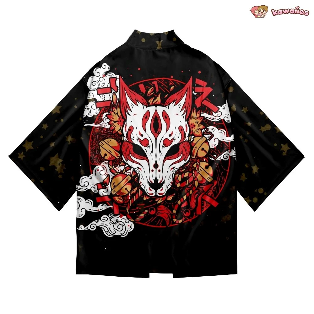Apparel Japanese-themed White Fox Mask Print Unisex Kimono 7 Apparel Japanese-themed White Fox Mask Print Unisex Kimono - Image 5