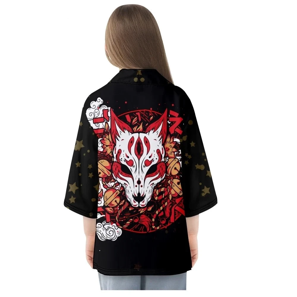 Apparel Japanese-themed White Fox Mask Print Unisex Kimono 5 Apparel Japanese-themed White Fox Mask Print Unisex Kimono - Image 3