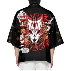Apparel Japanese-themed White Fox Mask Print Unisex Kimono