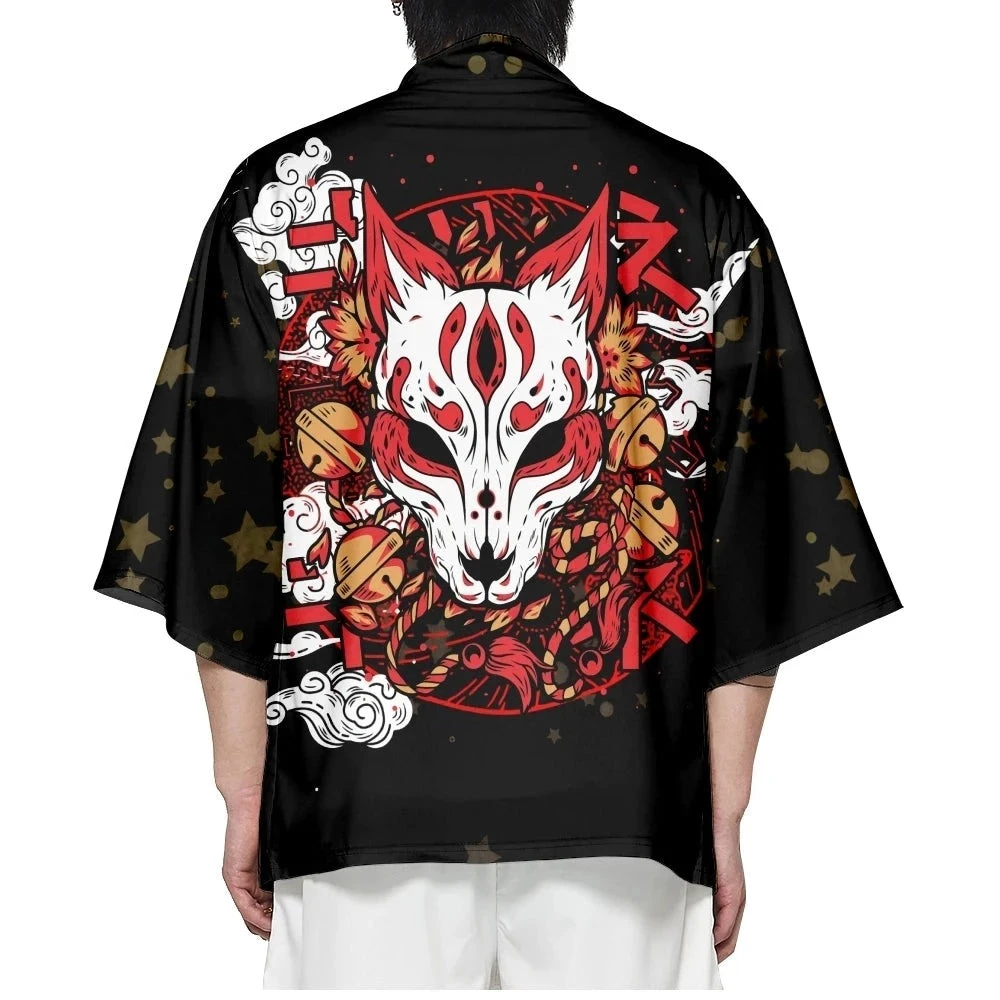 Apparel Japanese-themed White Fox Mask Print Unisex Kimono 3 Apparel Japanese-themed White Fox Mask Print Unisex Kimono