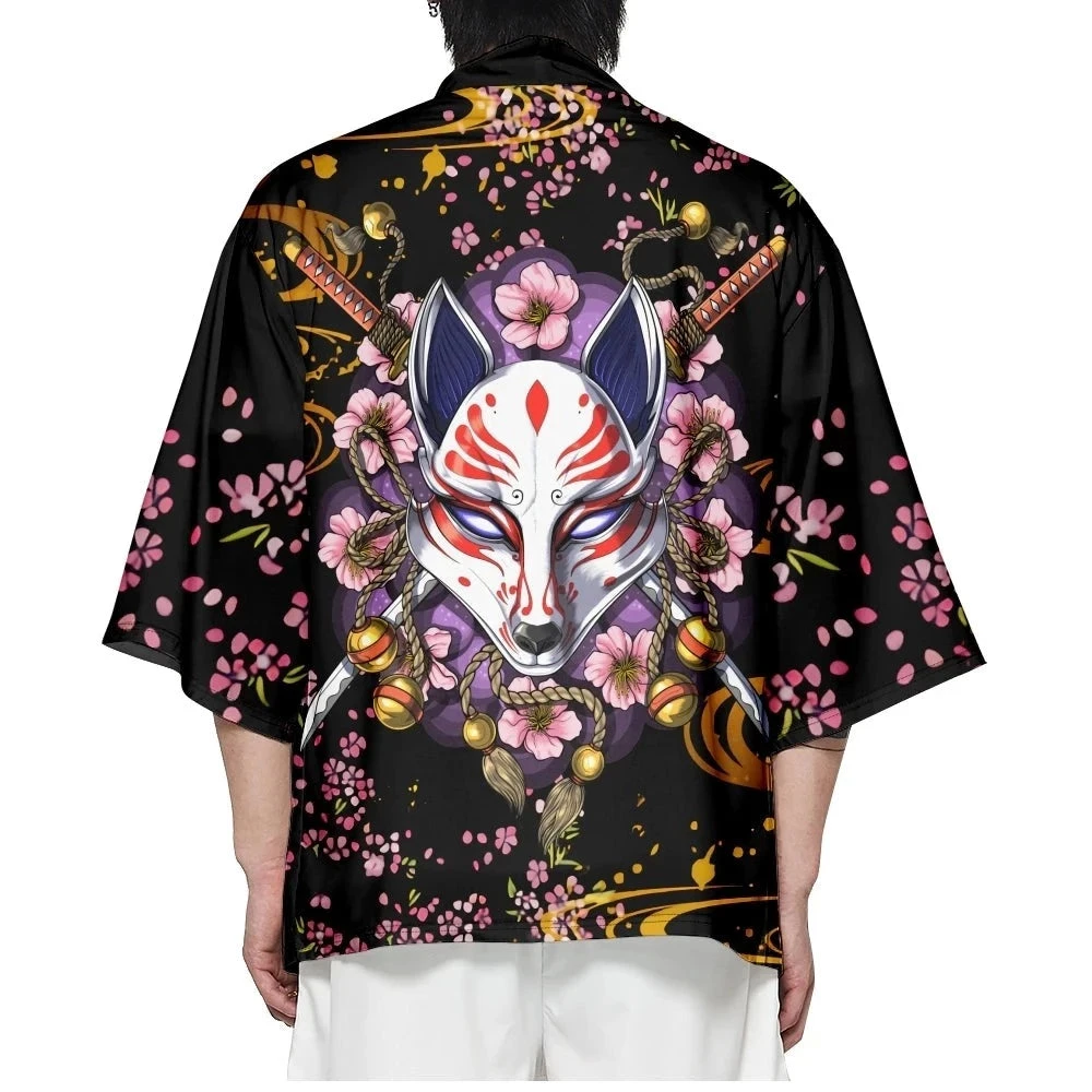 Apparel Japanese-themed White Fox Mask Sakura Unisex Kimono 3 Apparel Japanese-themed White Fox Mask Sakura Unisex Kimono