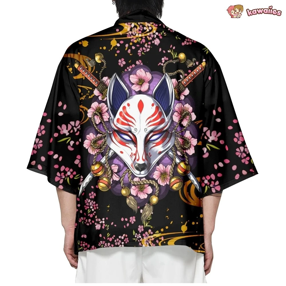 Apparel Japanese-themed White Fox Mask Sakura Unisex Kimono 8 Apparel Japanese-themed White Fox Mask Sakura Unisex Kimono - Image 6