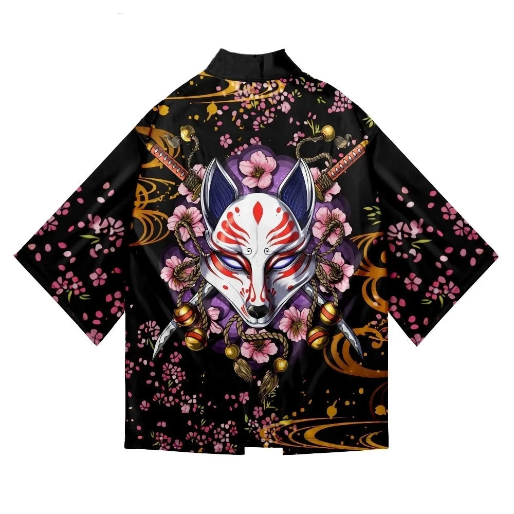 Apparel Japanese-themed White Fox Mask Sakura Unisex Kimono 4 Apparel Japanese-themed White Fox Mask Sakura Unisex Kimono - Image 2