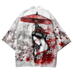 Apparel Japanese-themed White Kimono Lady Red Sakura Unisex Kimono