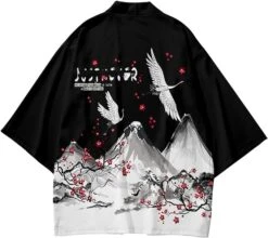 Apparel Japanese White Black Sakura Crane Mountains Mens Two-Piece Kimono Yukata Top & Pants Sets -Kawaii Store kawaiies plushies plush softtoy japanese white black sakura crane mountains mens two piece kimono yukata top pants sets kimono 250156