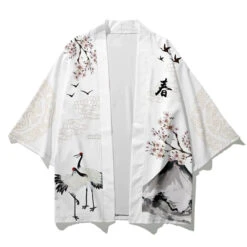 Apparel Japanese White Black Sakura Crane Mountains Mens Two-Piece Kimono Yukata Top & Pants Sets -Kawaii Store kawaiies plushies plush softtoy japanese white black sakura crane mountains mens two piece kimono yukata top pants sets kimono 297581